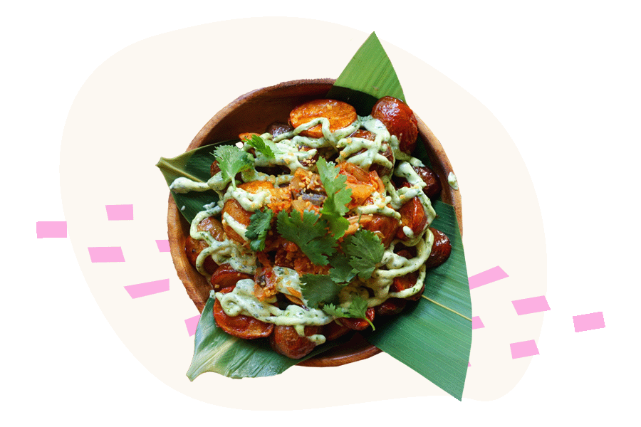 A bowl of food with a green leaf on it, perfect for Miami Food Tours enthusiasts or those looking to join a Cullenary Group Tour.