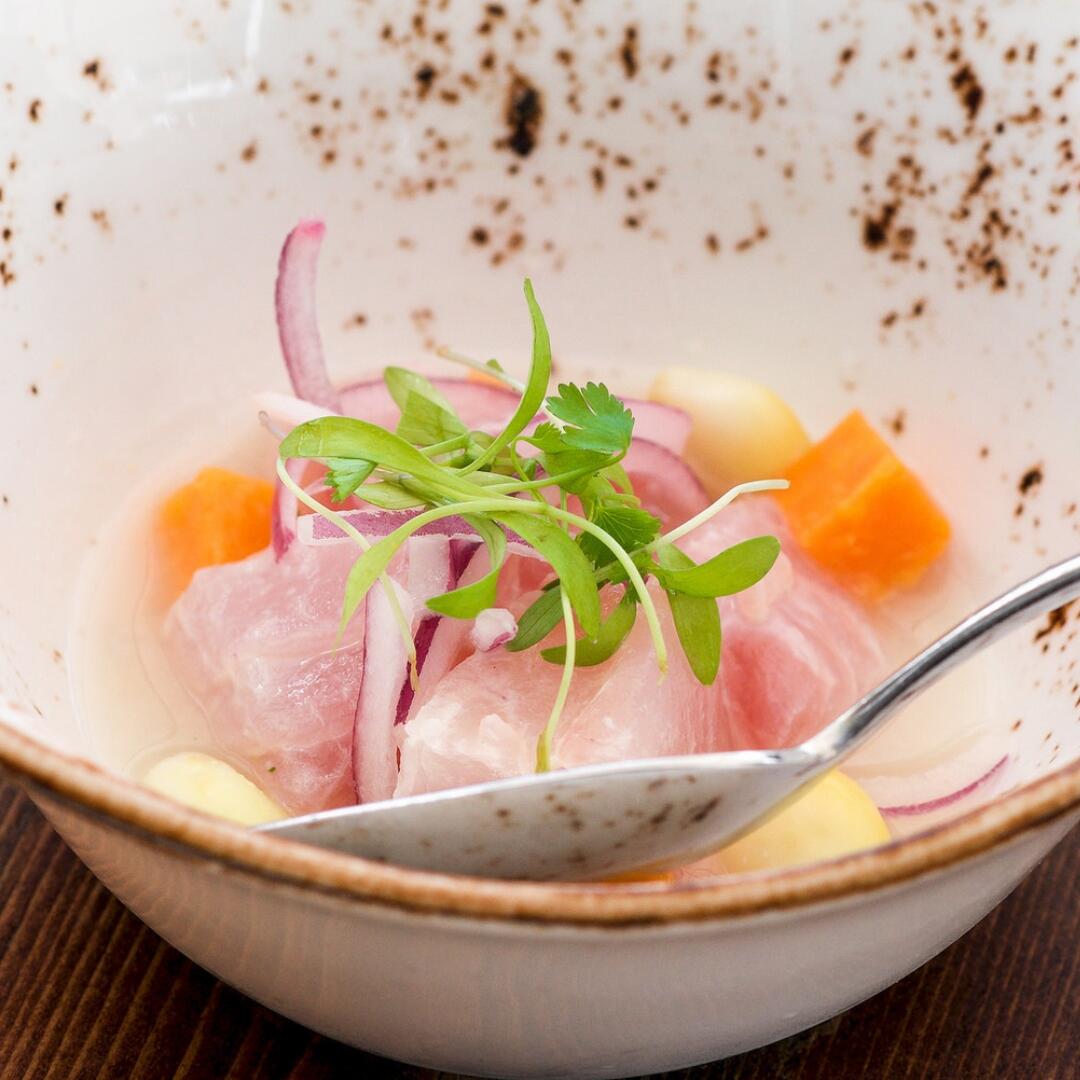A white bowl with tuna and vegetables in it, served during a culinary tour of Miami's local cuisine.